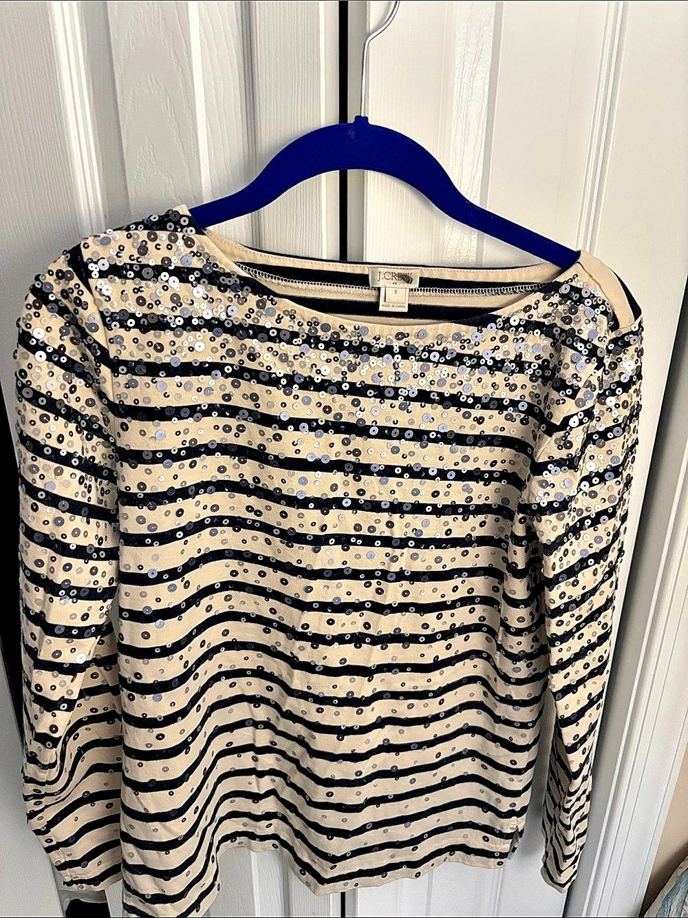 J.Crew Sequin Stripe Tee Long Sleeve Top Black & Cream Small
